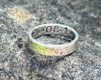 Personalised Stone textured silver band with hidden hand stamped name inside