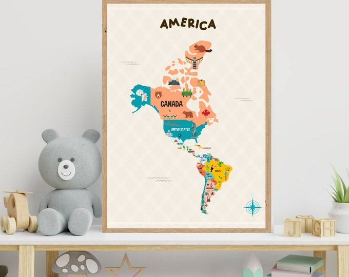 Printable America Map Educational Print for Kids, Preschool Poster ...