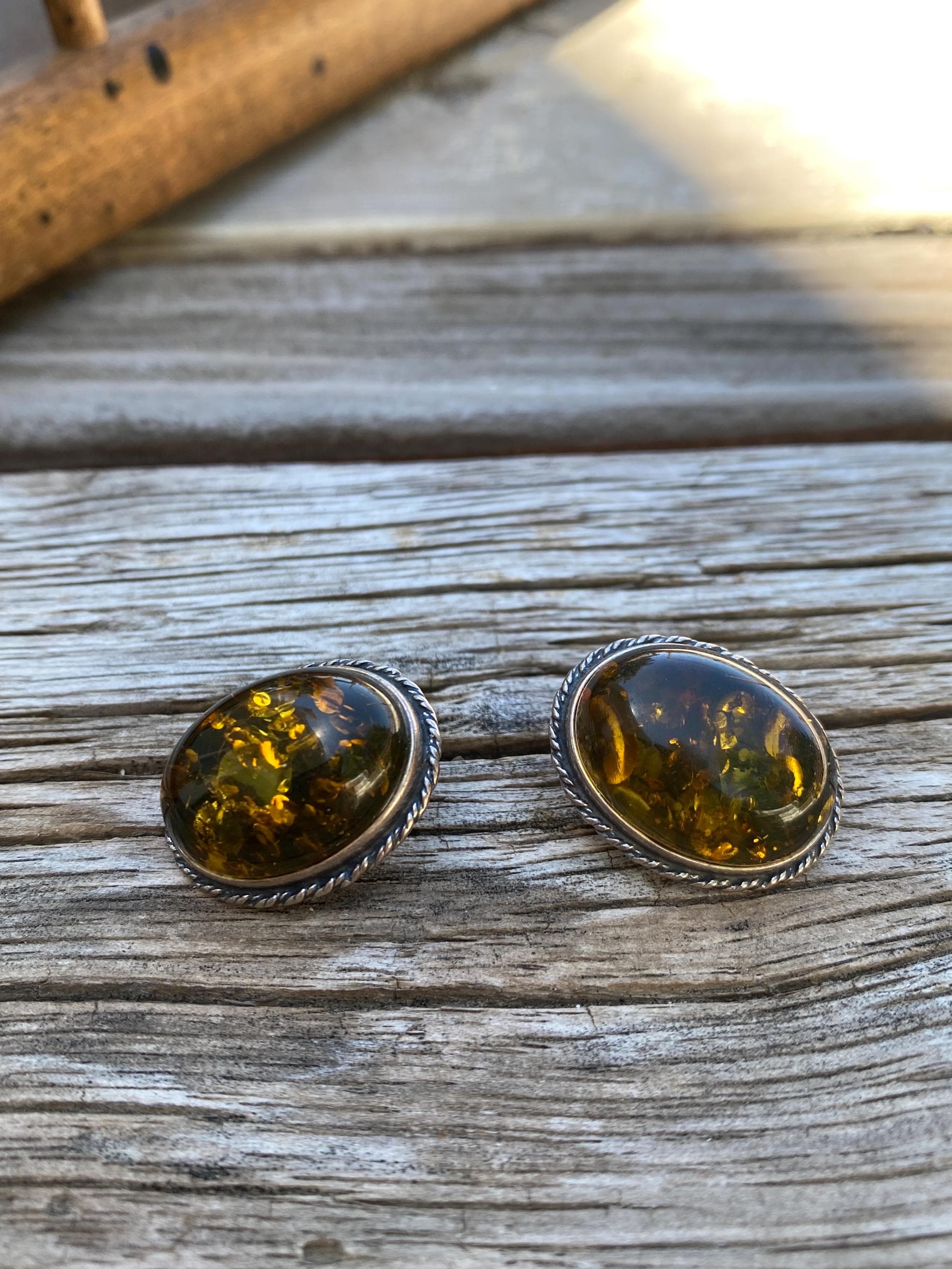 Modernist Baltic Amber Sterling Silver Rope Frame Clip-On Earrings, Green Brown Gold Tones