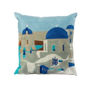 45x45 cm,Embroidered Pillow Cover,Homedecoration gift,House ornament,White Blue Pillow,Home Decor,Chain Stitch,Santorini,Islands of Greece