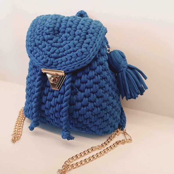 Blue Backpack,Crochet Bag,Luxury Knit Shoulder Bag,Gold Chain Handbag,Capri Bag,Hand Woven,Backpack Bag,Women's Bag,Cotton yarn,Knitted Bag