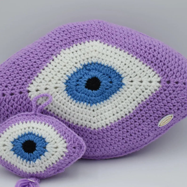Crochet Evil Eye Pillow Purplecrochet Pillow With Etsy