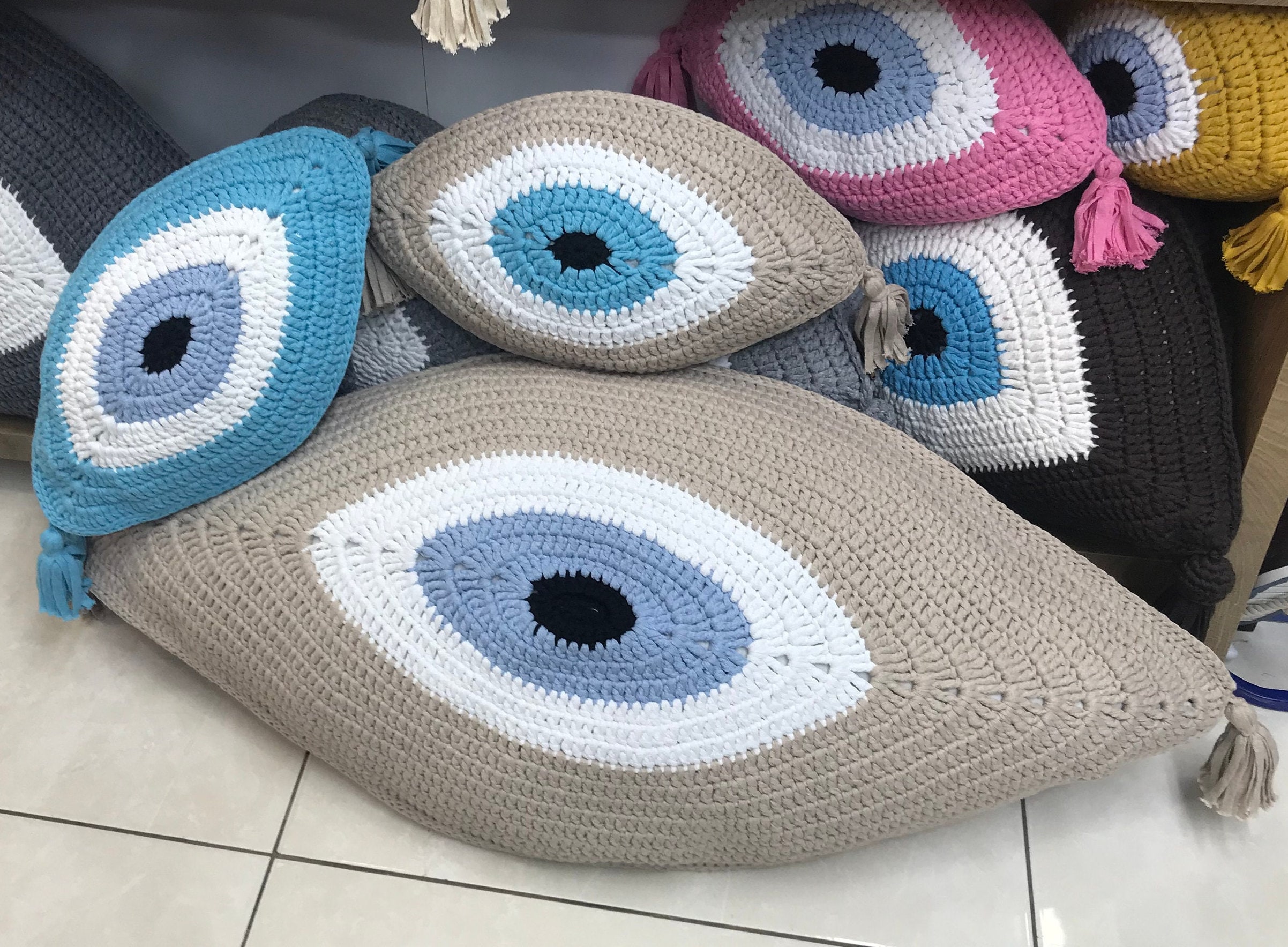 1 Meter XL crochet Pillow With Tassels evil Eye Pillow handmade Pillow 1-meter-xl-crochet-pillow-with-tassels-evil-eye-pillow-handmade-pillow