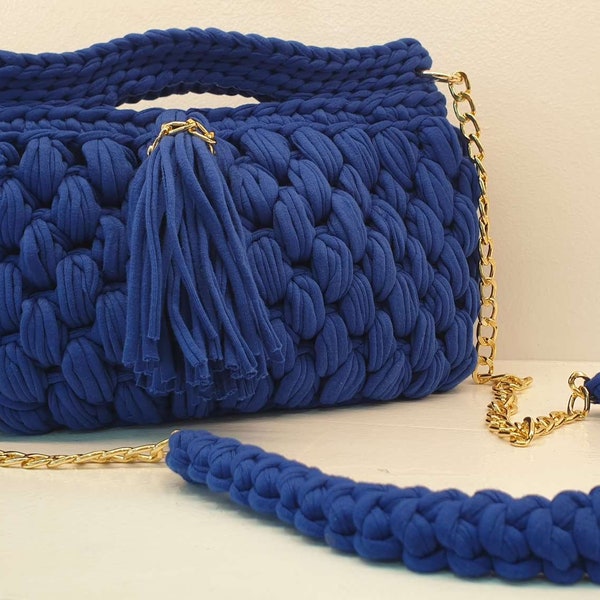 Blue Crochet Bag,Luxury Knit Shoulder Bag,Gold Chain Handbag,Capri Bag,Hand Woven Crossbody Bag,Women's Bag,Knitted Bag,Greek Knitting