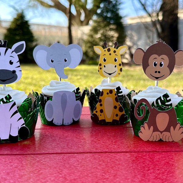 Safari Themed Cupcake Toppers with Matching Embossed Cupcake Wrappers - Jungle Animal Cupcake Picks and Wraps