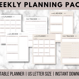 May include: Printable weekly planner pack with four pages: a weekly planner, a habit tracker, a weekly review, and another habit tracker. Each page has a beige background and is designed for US letter size.