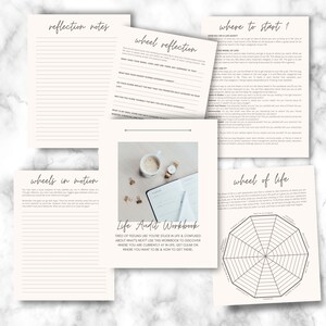 May include: A printable life audit workbook with sections titled "Reflection Notes", "Wheel Reflection", "Wheels in Motion", "Where to Start", and "Wheel of Life". The workbook includes prompts and exercises to help you reflect on your life and set goals.