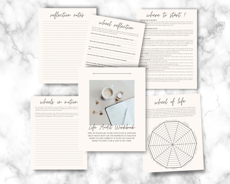 May include: A printable life audit workbook with sections titled "Reflection Notes", "Wheel Reflection", "Wheels in Motion", "Where to Start", and "Wheel of Life". The workbook includes prompts and exercises to help you reflect on your life and set goals.