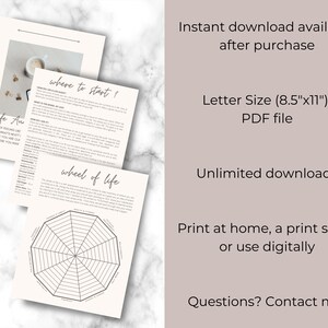 May include: Printable PDF download of a life wheel and a worksheet titled "Where to Start?" in black and white on a white background. The life wheel is a circular chart with eight sections labeled with categories such as "Health & Fitness", "Relationships", and "Career". The worksheet is a list of questions to help you identify your life goals and values.