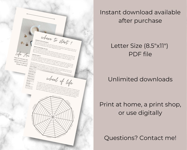 May include: Printable PDF download of a life wheel and a worksheet titled "Where to Start?" in black and white on a white background. The life wheel is a circular chart with eight sections labeled with categories such as "Health & Fitness", "Relationships", and "Career". The worksheet is a list of questions to help you identify your life goals and values.