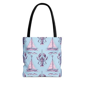 Tote Bag, Nautical Beach Bag, Summer Tote, Lobster Print Tote, Sailboat Canvas Bag, Coastal Market Tote