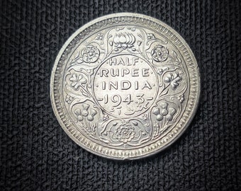 Gorgeous 1943 silver half rupee coin from India during the British rule