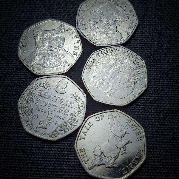 Set of 5 Peter Rabbit coins, Beatrix Potter stories 50p fifty pence