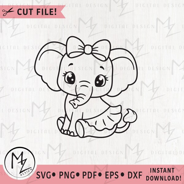 Baby Elephant SVG Sweet Elephant Girl Outline Cut File Cricut Silhouette Tutu Skirt Newborn Baby Shower  Shirt Bodysuit Clipart Animal Vinyl