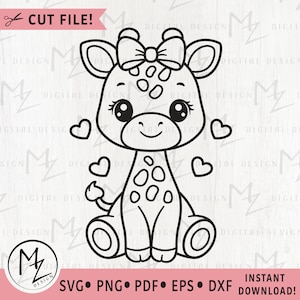 Giraffa con fiocco SVG Ragazza carina Giraffa Contorno File di taglio Cricut Silhouette Dolce Giraffa Cuori Maglietta per bambini Body Baby Shower Vinile Stirabile