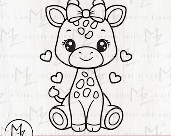 Giraffe with Bow SVG Cute Girl Giraffe Outline Cut File Cricut Silhouette Sweet Giraffe Hearts Kids Shirt Bodysuit Baby Shower Vinyl Iron on