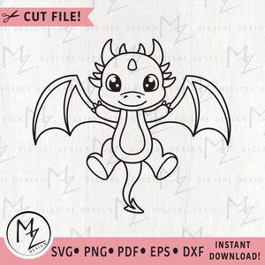 May include: A black and white line drawing of a cartoon dragon with wings outstretched. The dragon has large eyes and a small mouth. The dragon is in a flying pose with its legs and tail extended.