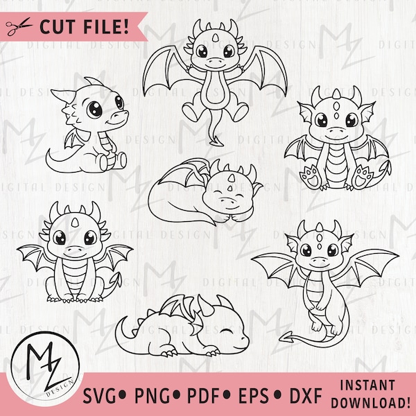Cute dragon bundle SVG Fantasy SVG Kids dragon Cute mythical animal SVG Cricut cutting file Silhouette Printable Clip art Dxf Png Eps
