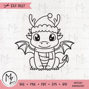 Christmas Dragon SVG Cute Baby Dragon Outline cut file for Cricut Silhouette Dragon with Santa Hat and Antlers Kids Xmas Shirt Iron on Vinyl