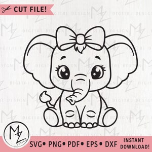 Éléphant mignon avec noeud SVG bébé éléphant contour coupe fichier Cricut Silhouette doux éléphant fille chemise body Safari animaux vinyle fer sur