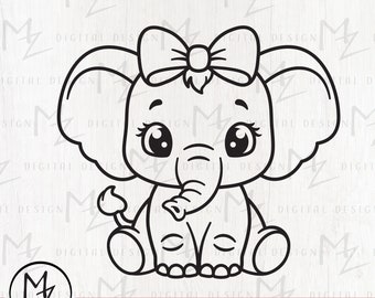 Cute Elephant with Bow SVG Baby Elephant Outline Cut File Cricut Silhouette Sweet Elephant Girl Shirt Bodysuit Safari Animal Vinyl Iron on
