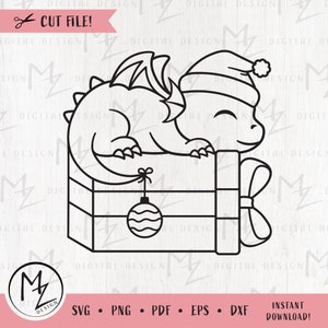 Christmas Dragon SVG Cute Sleeping Baby Dragon Outline cut file for Cricut Silhouette Dragon with Santa Hat Kids Xmas Shirt Iron on Vinyl