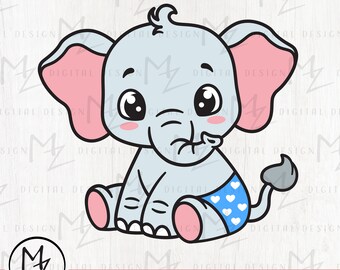 Baby Elephant SVG Cut File, Diaper Clipart (Digital Download)