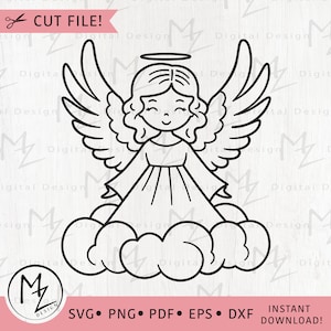 Cute Angel SVG Girl Angel Cut File for Cricut Silhouette Angel on a Cloud Christmas Angel PNG Kids Angel Outline Clipart Digital Download