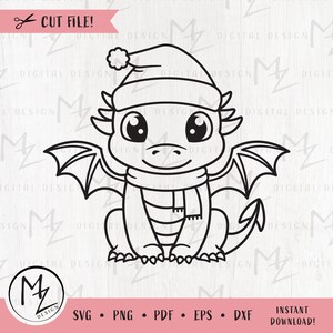 Christmas Dragon SVG Cute Sitting Baby Dragon Outline cut file for Cricut Silhouette Dragon with Santa Hat Kids Xmas Shirt Iron on Vinyl PNG