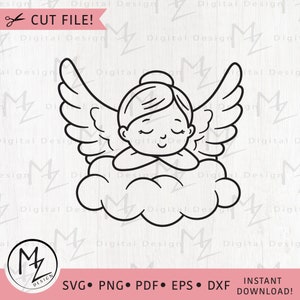 Angel SVG Girl Angel Cut File Cricut Silhouette Sleeping Angel on a Cloud Christmas Angel PNG Kids Angel Outline Clipart Digital Download