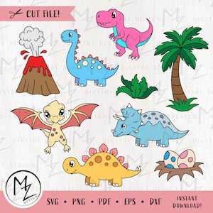 恐竜 SVG バンドル レイヤードカットファイル T-rex ブロントサウルス ステゴサウルス トリケラトプス プテロダクティルス ベビーボディスーツ 幼児用シャツ シルエット Cricut