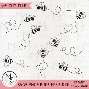 Bee path bundle SVG PNG Files for cutting machines Digital Honeybee Bumble bee Heart Dotted lines Silhouette Cricut Vinyl Bodysuit Shirt