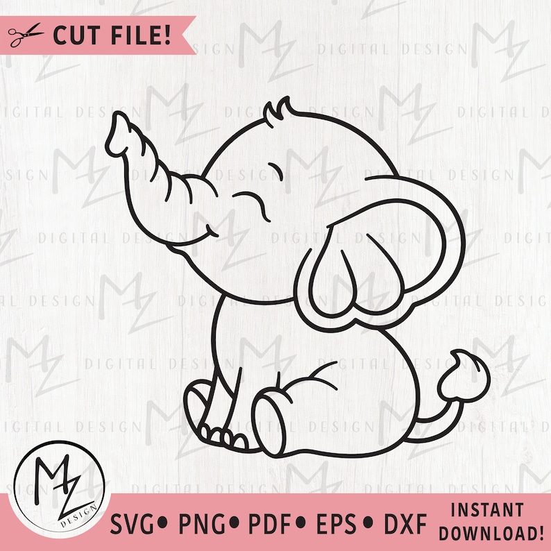 May include: A black and white line drawing of a cartoon elephant sitting with its trunk raised. The elephant has a happy expression and is looking to the right.