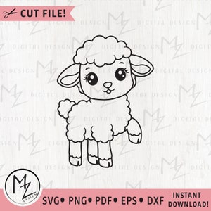 May include: A black and white digital illustration of a cartoon lamb with a fluffy coat and large eyes. The image includes the text "CUT FILE!" and file type options: SVG, PNG, PDF, EPS, and DXF. The words "INSTANT DOWNLOAD!" are also included.