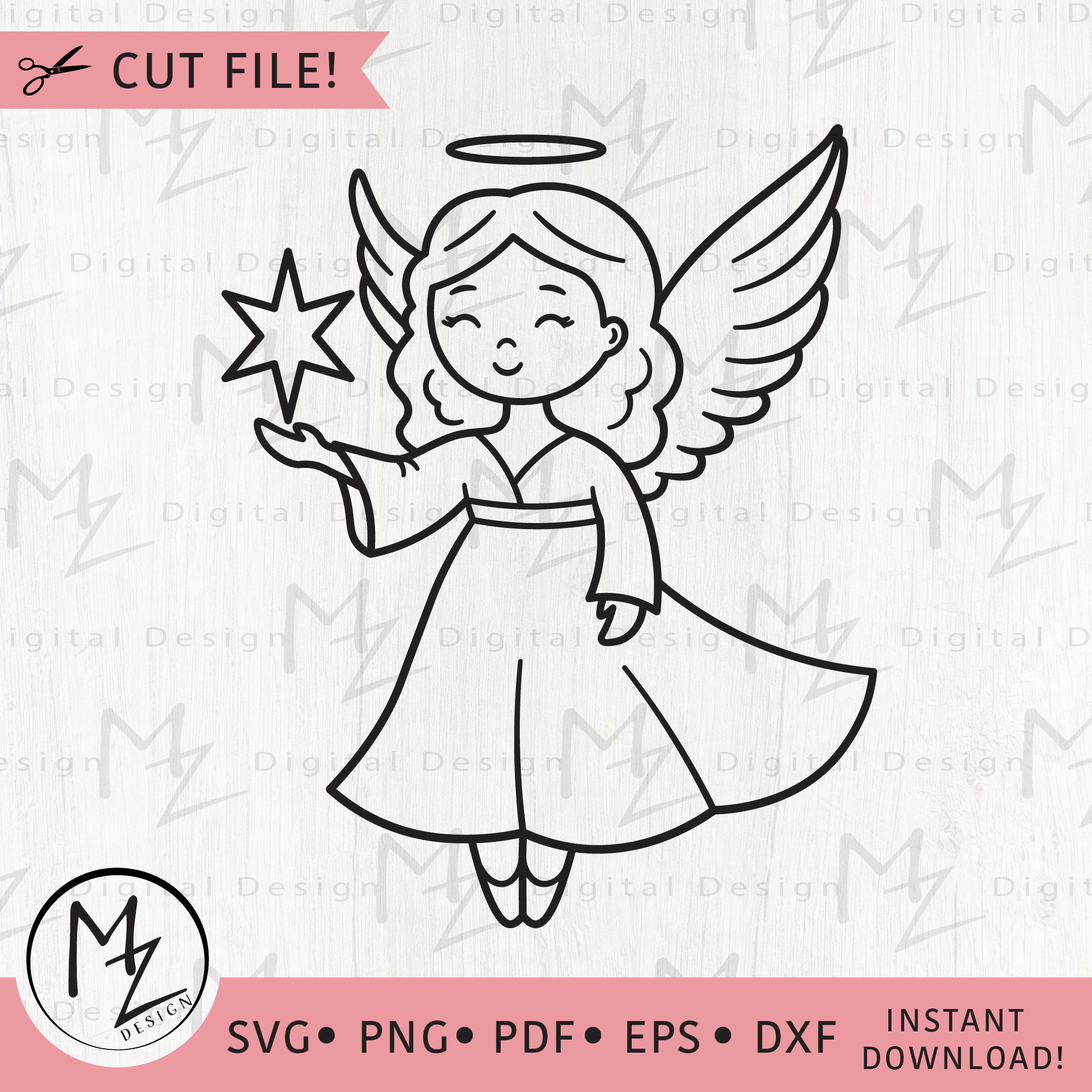 Cute Angel SVG Girl Angel Cut File for Cricut Silhouette Angel Holding Star  Christmas Angel PNG Kids Angel Outline Clipart Digital Download, image size:2000x2000
