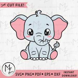 May include: A cartoon illustration of a light blue elephant with pink ears and feet. The elephant has large, black eyes and a small, curled trunk. The elephant is sitting on its hind legs with its front legs tucked in.