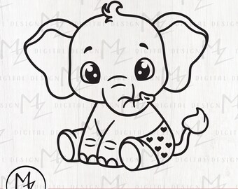 Baby Elephant SVG Sweet Elephant Boy Outline Cut File Cricut Silhouette Diaper New Born Baby Shower Boy Shirt Bodysuit Clipart Animal Vinyl