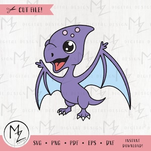 Puede incluir: Un dinosaurio de dibujos animados morado y azul con ojos grandes y una sonrisa de dientes. El dinosaurio tiene alas y está de pie sobre dos piernas. El dinosaurio está saludando con una mano.