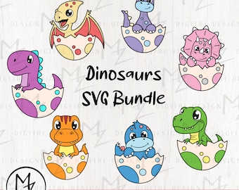 Baby Dinosaurs SVG Bundle: T-rex, Brontosaurus, +5 (Cut File)