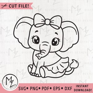 Bebê elefante SVG doce elefante menina contorno arquivo cortado cricut silhueta tutu saia recém-nascido camisa de chá de bebê bodysuit clipart animal vinil