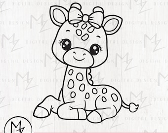 Giraffe SVG Cute Girl Giraffe Bow Outline Cut File Cricut Silhouette Giraffe Laying Down Kids Shirt Bodysuit Baby Shower Vinyl Iron on Png