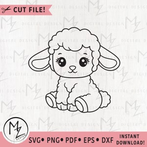 Agneau mignon SVG assis bébé mouton animaux de la ferme contour fichier coupe Cricut Silhouette Joyeuses Pâques Clip Art chambre de bébé enfants gravure laser