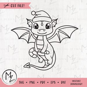 Christmas Dragon SVG Cute Flying Dragon Outline cut file Cricut Silhouette Dragon with Santa Hat Candy Cane Kids Xmas Shirt Iron on Vinyl
