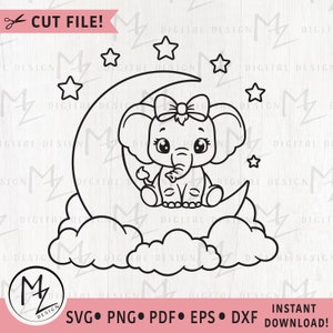 Baby Elephant SVG Cute Elephant Girl Moon Outline Cut File for Cricut Silhouette Bodysuit Nursery Baby Shower Vinyl Iron On Digital Download