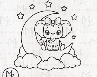Baby Elephant on Moon SVG, Nursery Cut File (Digital Download)