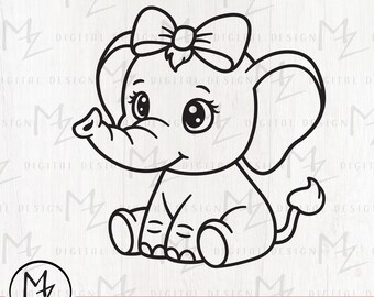 Baby Elephant SVG with Bow, Girl Animal Outline Cut File (Digital Download)