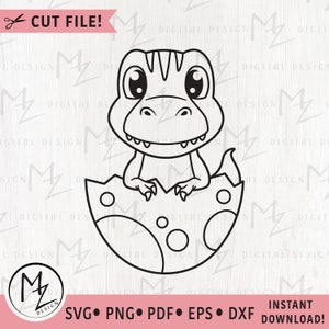 T-Rex SVG Joli bébé Dino T-Rex en oeuf contour coupé fichier Cricut Silhouette Jurassique Animal enfants chemise Body anniversaire fer sur vinyle Clip Art