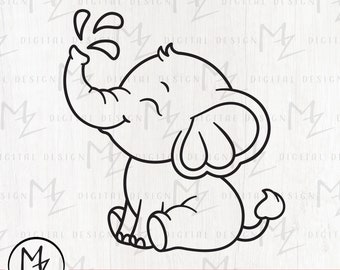 Baby Elephant SVG Cute Elephant Spraying Water Outline Cut File Cricut Silhouette Baby Shower Boy Girl Bodysuit Animal Vinyl Laser Engraving