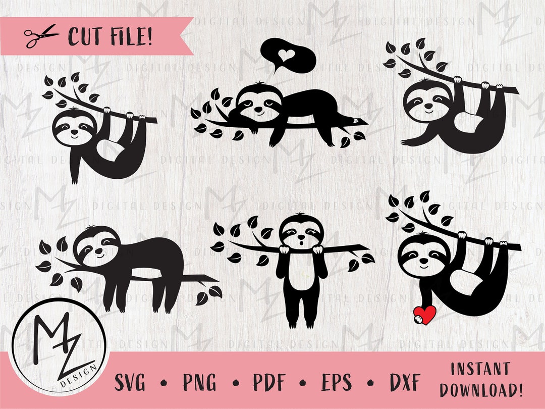 Sloth SVG Bundle Cute Baby Sloth Cutting File Funny Lazy Sloths Black