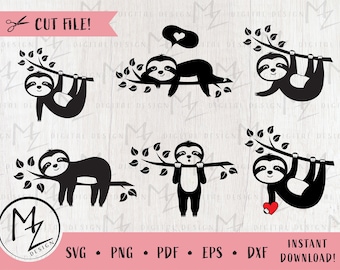 Sloth SVG Bundle Cute baby sloth cutting file Funny lazy sloths Black White Valentine's Day Hanging sleeping sloth Silhouette Cricut Iron On